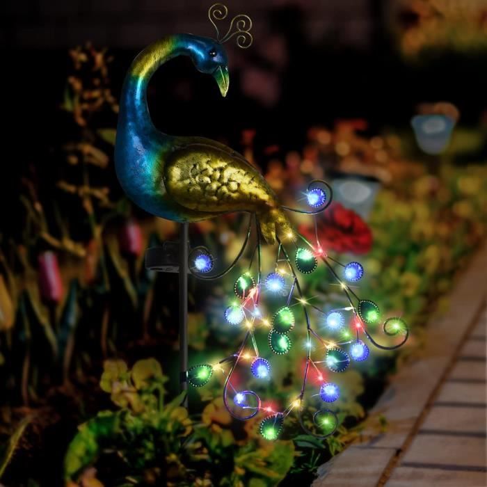 Paon Solaire Extérieur Lumineux LED Métal Design Jardin Décoration