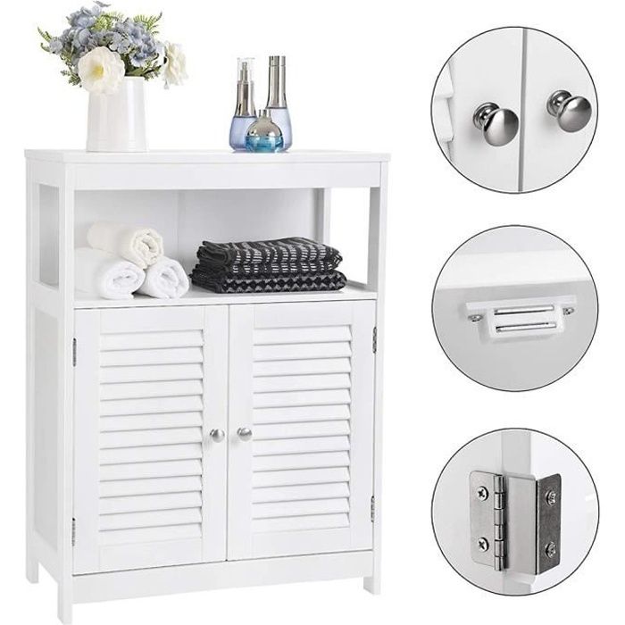 Meuble Salle De Bain Armoire De Rangement Commode De Chambre Avec 2 Portes Claire Voie Et 1 Compartiments Ouverts Blanc Cdiscount Maison