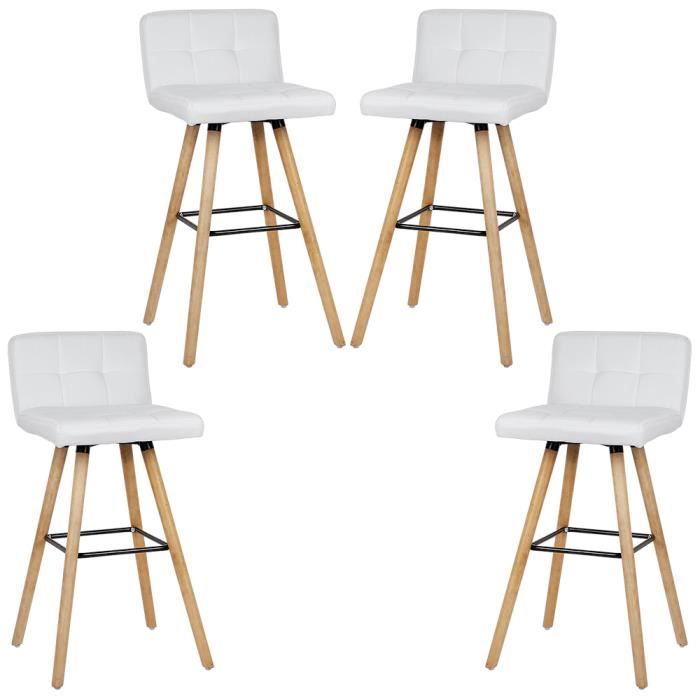 Luxs Lot De 4 Tabouret De Bar Bistrot Cuisine Chaise Haute Blanc Siège Confortable En Tissu Pieds En Bois Hêtre Massif