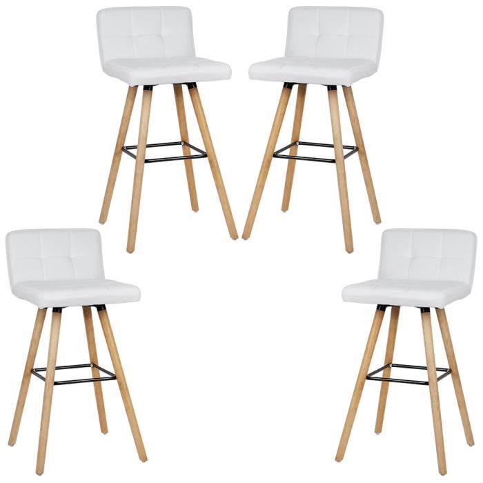 Luxs Lot De 4 Tabouret De Bar Bistrot Cuisine Chaise Haute Blanc Siège Confortable En Tissu Pieds En Bois Hêtre Massif