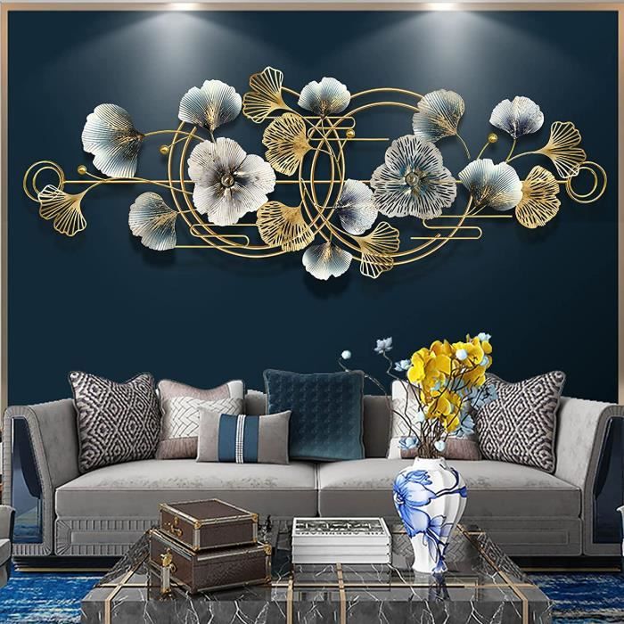 Décoration Murale Métal Feuilles Ginkgo 3D - 110x60 Cm, Design Oriental, Pour Salon Chambre