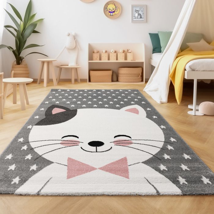 Tapis Enfant Doux Chat Pattern Mufe Points Enfants Chambre Rose Gris Blanc 160 Cm Rund