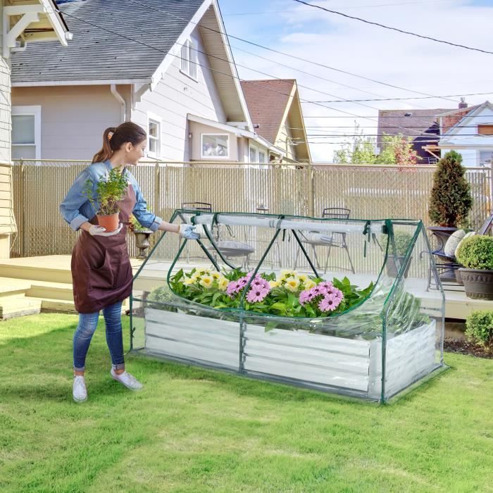 COSTWAY 2 en 1 Lit Surélevé de Jardin avec Serre 2 Fenêtres Enroulables à 2 Niveaux Chaud et Aéré Galvanisé 180 x 90 x 91 cm
