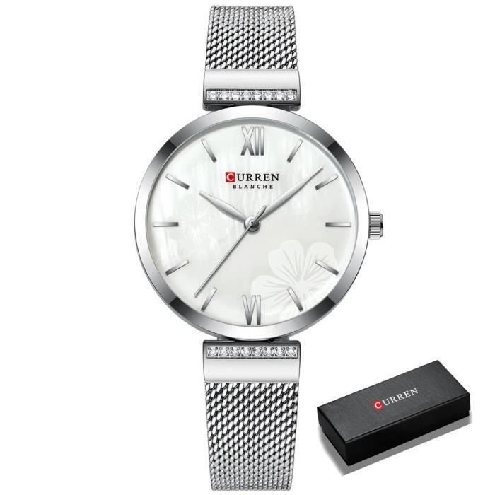 Montre élégante NY Of London – Cadran Noir, Boîtier Acier Argenté, Bracelet Maille, Mouvement Quartz, Neuf