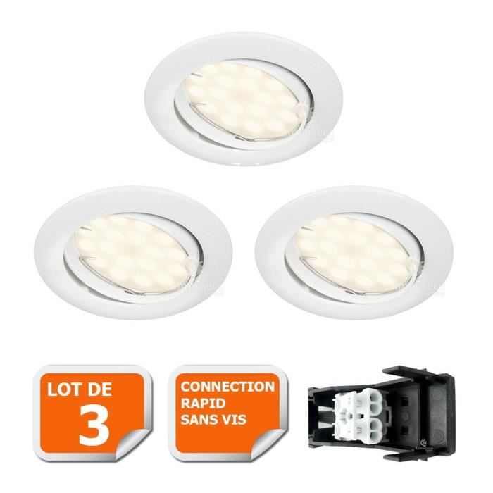 LOT DE 3 SPOT LED ENCASTRABLE COMPLETE ORIENTABLE BLANC AVEC AMPOULE GU10 230V eq 50W LUMIERE BLANC NEUTRE 
