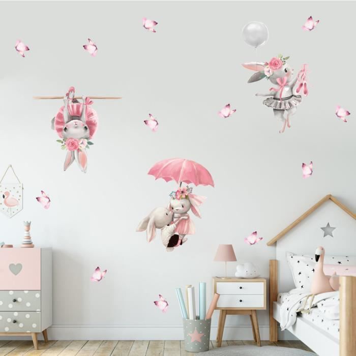Stickers muraux lapin ballon rose autocollants décoratifs animaux fleurs  papillon rose I sticker mural pour chambre d'enfant fille - Cdiscount Maison