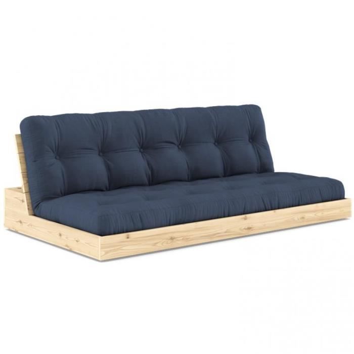 canapé lit futon base pin naturel couchage transversale 130 cm coloris matelas bleu marine bleu laine inside75