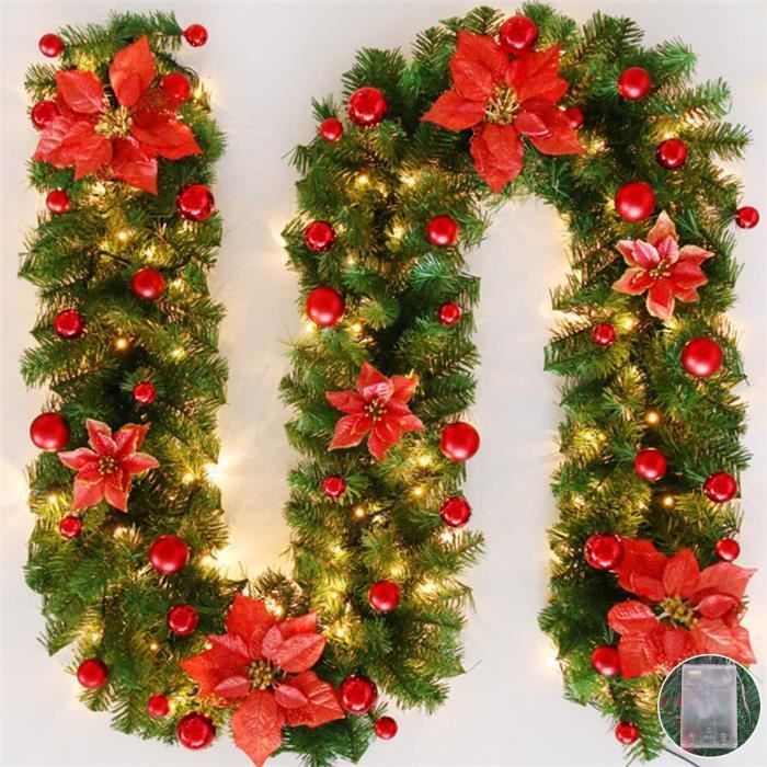 270cm Guirlande de Noël Rotin de Noël avec lumières LED Guirlande Sapin Artificiel Couronne de noël pour cheminée escalier