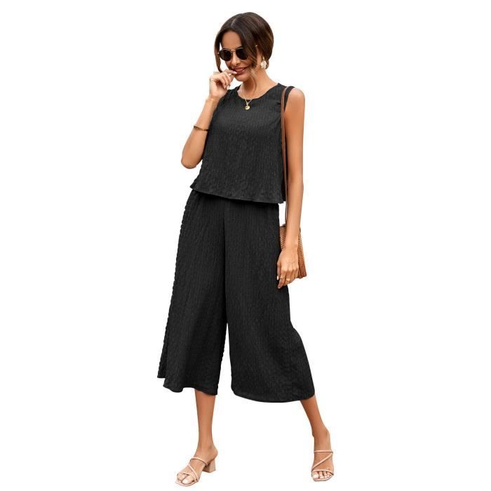Pyjama 2 Pièces Sans Manches Femme - Haut Débardeur Crop + Short - Matière Douce Et Confortable - Pour Nuit, Lounge, Maison - Couleur Unie