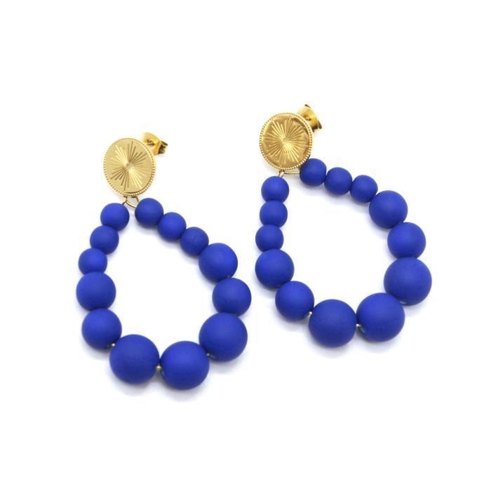 BO2255 - Boucles d'Oreilles Médaille Acier Doré et Goutte Petites Perles Bleu Marine Mat