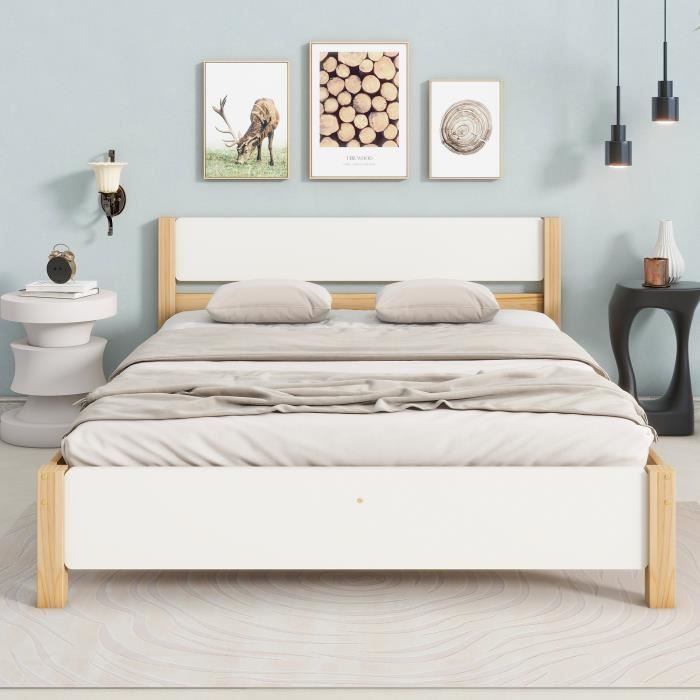 lit double en bois de pin - 140 x 200 cm - cadre avec pied central, tête et pied de lit en mdf - blanc + naturel