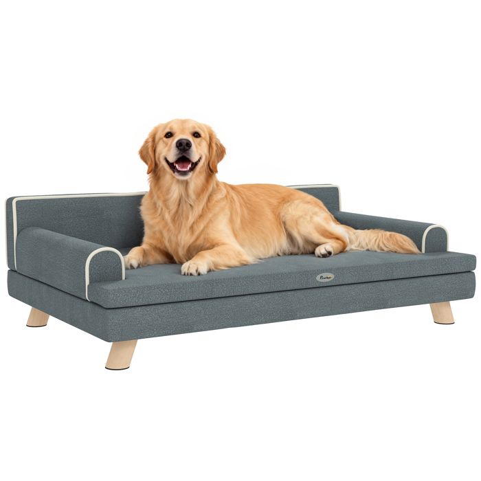 Meilleurs prix pour Canapé chien lit pour chien design scandinave coussin moelleux piètement bois dim. 100L x 62l x 32H cm polyester gris
