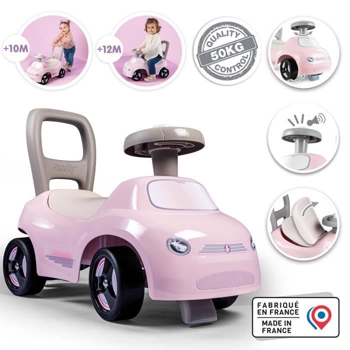Smoby - Porteur enfant 2 en 1 - Auto Rose - Coffre sous la selle + klaxon - Dès 10 mois - Fabrication française