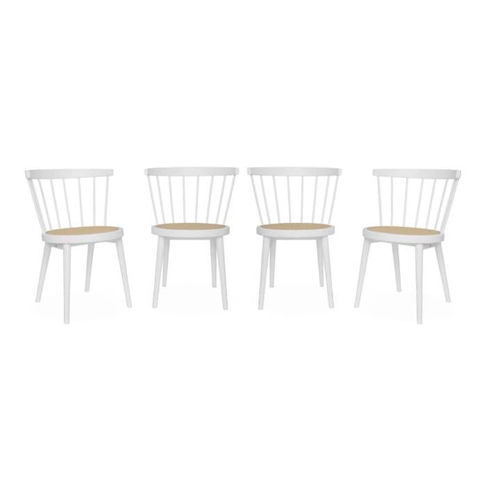 Lot de 4 chaises blanches en bois et cannage. Nora. L 53 x P 53.5 x H 76cm