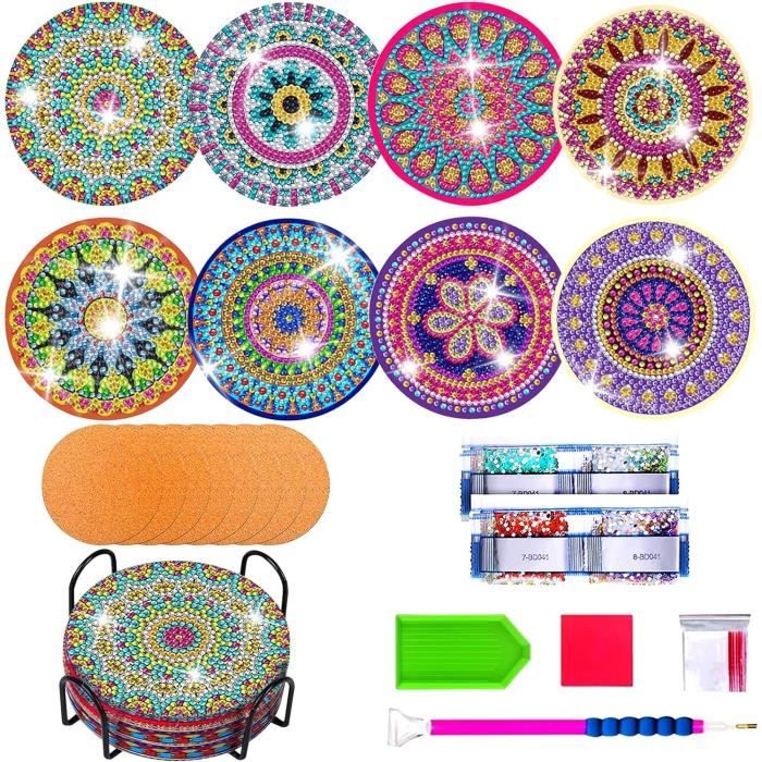 Lot De 8 Sous-verres De Peinture Diamant DIY Avec Support Dessous De Verre Decoratifs En Bois Avec Kit De Peinture Diamant Pour Adultes Et Enfants Debutants