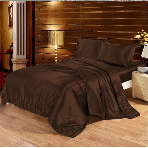 Parure de drap en Soie Satinée - Parure de lit 4 Pcs = 2 Taies doreiller 1 Drap 1 Housse de Couette - 220x240cm - marron foncé