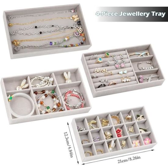 6 Plateaux Rangement Bijoux Velours - Organisateur Tiroir Empilable Pour Bagues, Colliers, Boucles D'Oreilles