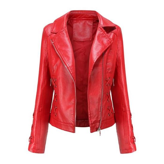 Blouson Femme Simili Cuir Printemps et Automne Veste Zippee Col Rabattu Couleur Unie Rouge Cdiscount Pret a Porter