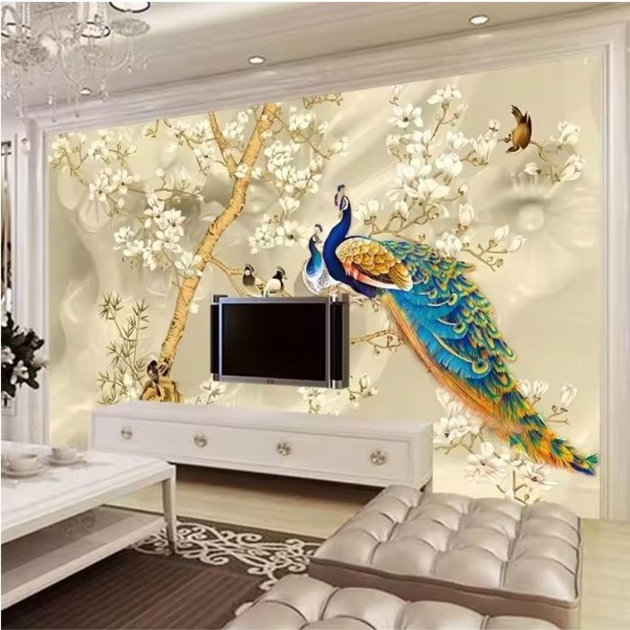 Papier Peint Panoramique 3D peint à la main oiseau dessin paon Magnolia ...