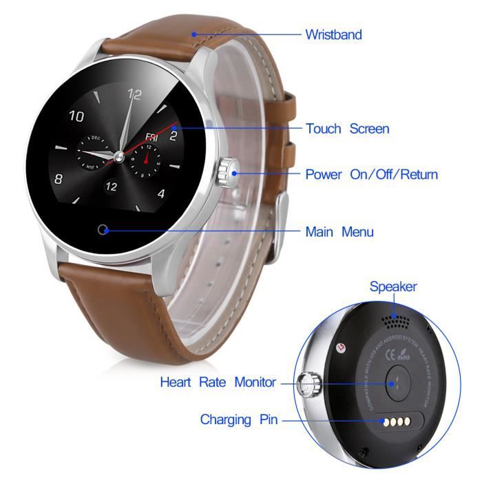 Excelvan K88H Montre Smart Rappel d appels SMS Moniteur Sommeil Pedometre Bluetooth IP54 pour Android iOS Brun Cdiscount Telephonie