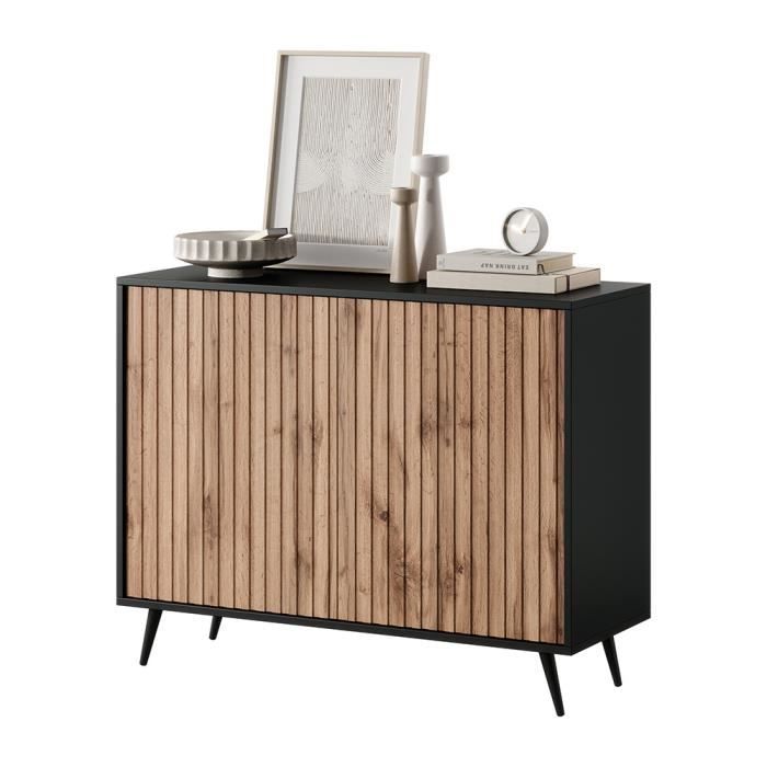 Commode - SELSEY - Bello - 104 cm - noir - lamelles couleur chêne ...