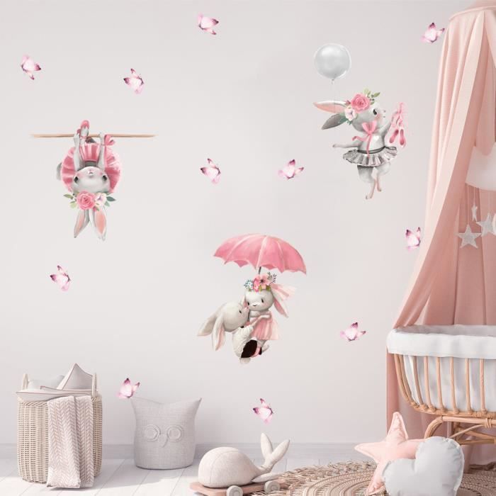 stickers-muraux-lapin-ballon-rose-autocollants-d-coratifs-animaux