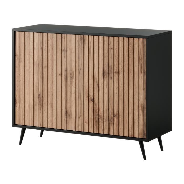 Commode - SELSEY - Bello - 104 cm - noir - lamelles couleur chêne ...
