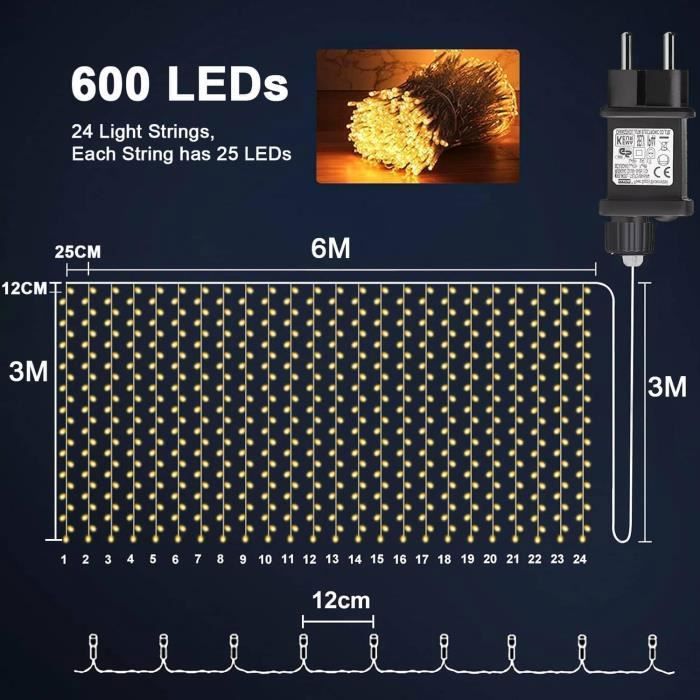 Rideau Lumineux 6x3m 600 LED Blanc Chaud - Guirlande Mariage Noël Étanche Avec Timer