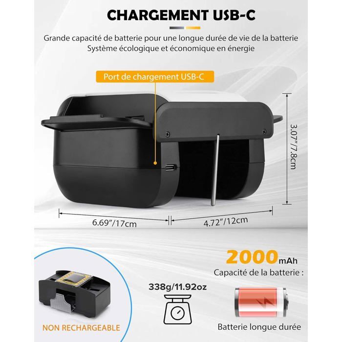 Mélangeur De Cartes Automatique – Batterie 2000mAh, USB-C, Silencieux 55dB, Mélange En 1,5s, Jusqu’à 2 Jeux