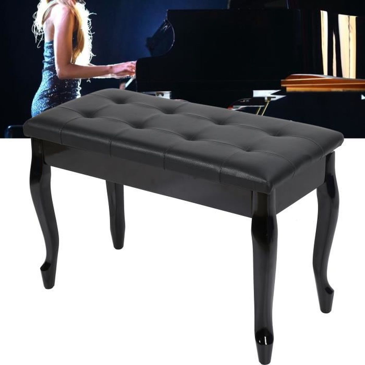 Banc De Piano Réglable Avec Rangement - Siège Rembourré - Bois Et PU - Hauteur Adjustable 49-58 Cm
