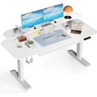 COMHOMA Bureau Assis Debout Électrique, 120x60cm, Support Écran, Tiroir, Support pour Ordinateur Portable, Blanc