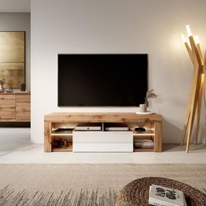 MEUBLE TV Meuble TV / Banc TV - BIANKO - 140 cm - chêne lancaster / blanc brillant - avec LED - style moderne - tablettes en verre