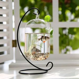 AQUARIUM Aquarium,Bocal à poisson suspendu en verre transparent, forme ronde, Vase à plantes et fleurs, support de décoration - Black[F7914]