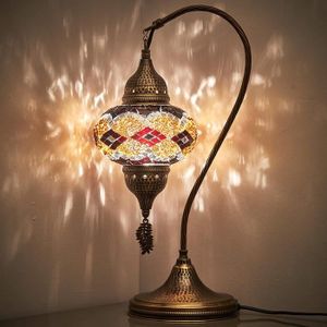 LAMPE A POSER Abat-jour style Tiffany turc marocain fait à la main en mosaïque colorée pour table de chevet, nuit en col de cygne, marron et n480