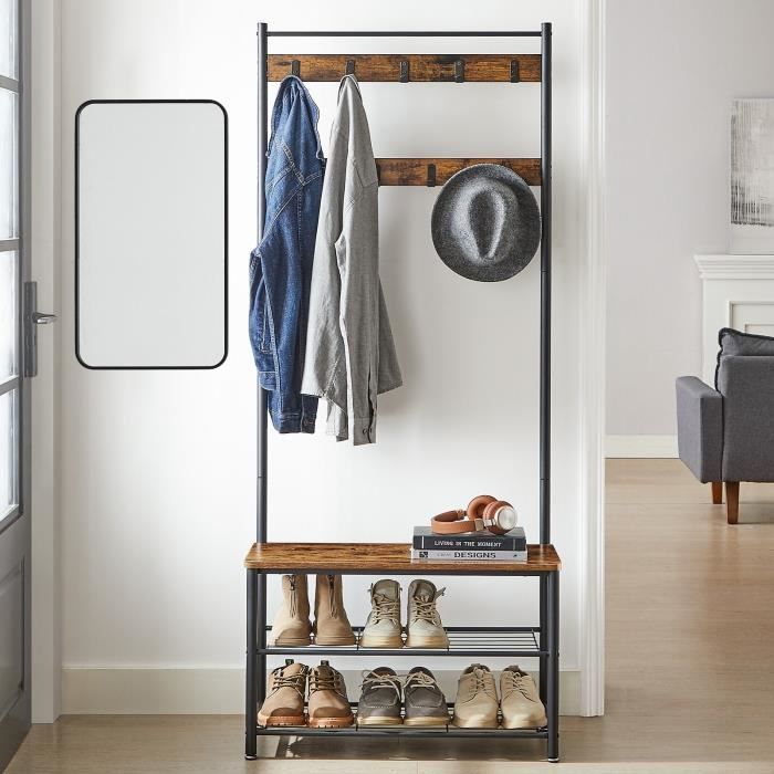 SHEILA - Vestiaire avec miroir couloir - Meuble d'entrée - Rangements  chaussures + miroir + crochets -Sonoma - Cdiscount Maison