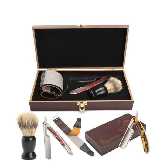 Kit De Rasage Traditionnel 5 Pièces - Bol, Brosse En Poils De Sanglier, Rasoir Droit, Lames - Noir - Haryali London - Neuf