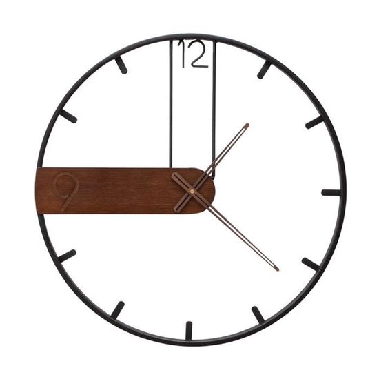 Horloge Murale Quartz Antique 43cm 3D Bois Metal Design Moderne Cadre métal aiguilles en bois 