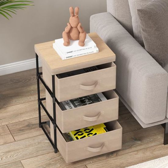 COSTWAY Nachtkastje met stoffen laden, bijzettafel met metalen frame
