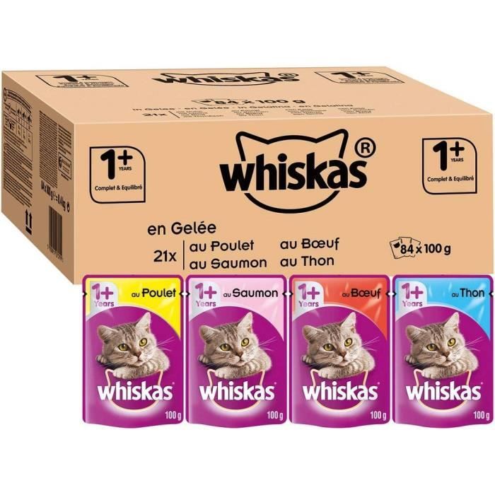 Whiskas Sachets Fraîcheur pour Chat Adulte (Stérilisé Ou Non), Sélection Mixte en Gelée, 84 Sachets (84x100g)