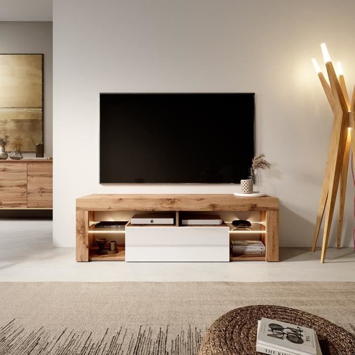 Meuble TV / Banc TV - BIANKO - 140 cm - chêne lancaster / blanc brillant - avec LED - style moderne - tablettes en verre