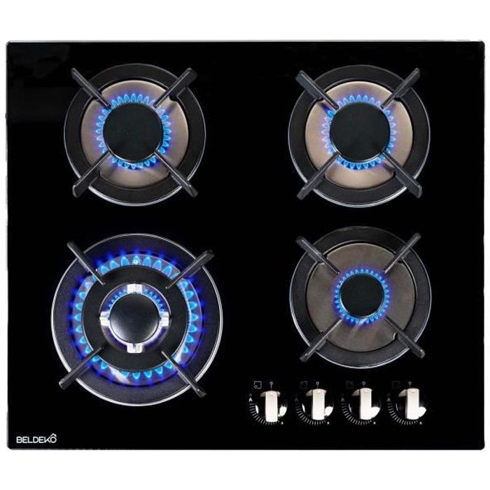 Table de cuisson gaz - 4 Foyers - Double couronne - 7800W - encastrable - verre noir