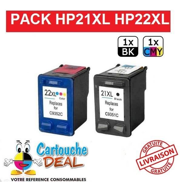 HP 21XL / HP 22XL - HP Deskjet 3920 3930 3940 D1360 D1560 D2345 D2360 D2400 D2460 Lot de 2 cartouches compatible HP21 HP22 XL