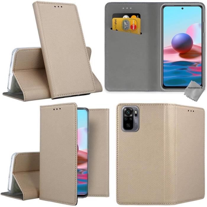 Housse etui portefeuille avec coque intérieure en silicone pour Xiaomi Redmi Note 10S + verre trempe - OR MAGNET
