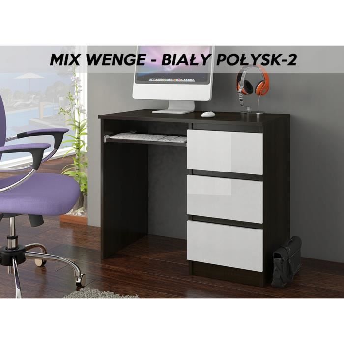 YORK 2WR- Bureau moderne informatique d'ordinateur 96x50x76 - Chambre Ado - Support clavier-3 tiroirs - Wengé Blanc