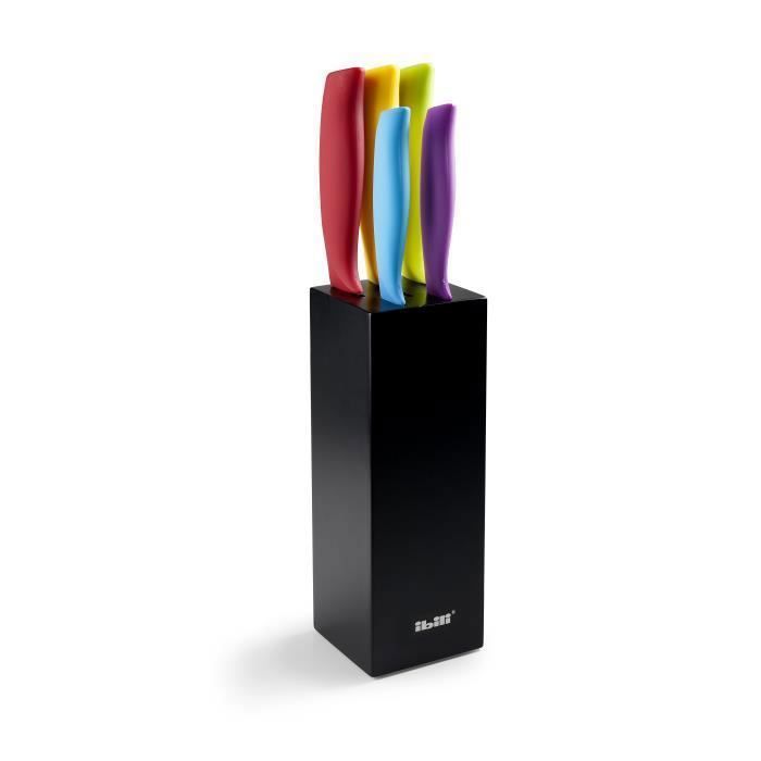 SET DE 5 COUTEAUX COLORFUL + SUPPORT BOIS NOIR