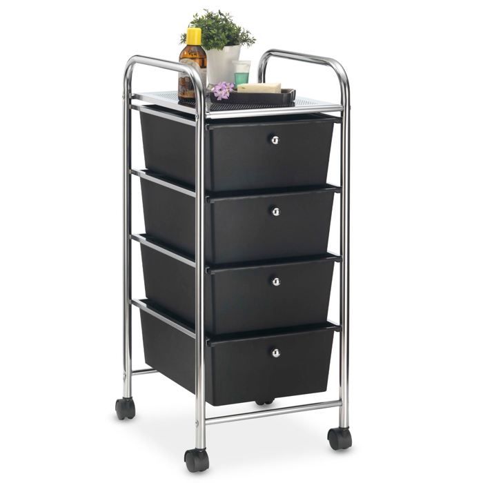 Caisson sur roulettes GINA chariot avec 4 tiroirs en plastique noir et 1 étagère, rangement salle de bain en métal chromé