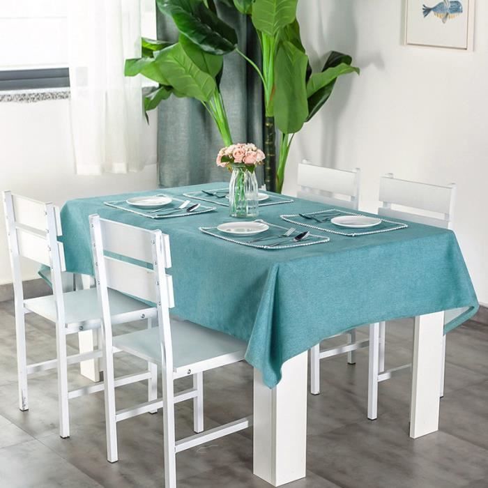 Nappe de Table Rectangle en Lin Couleur Unie Imperméable 140 × 160 cm Bleu vert