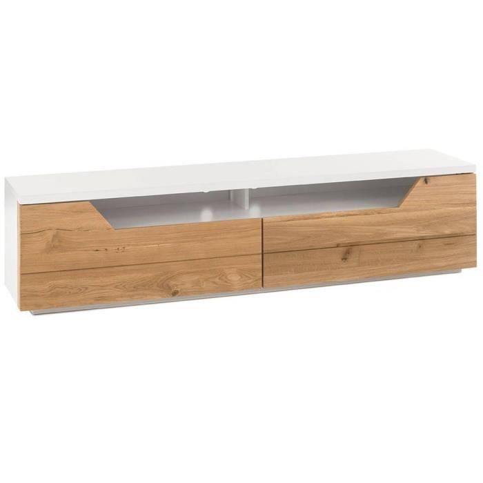 Meuble TV design FARINA finition laqué blanc mat 2 tiroirs façade chêne noueux blanc chêne Inside75