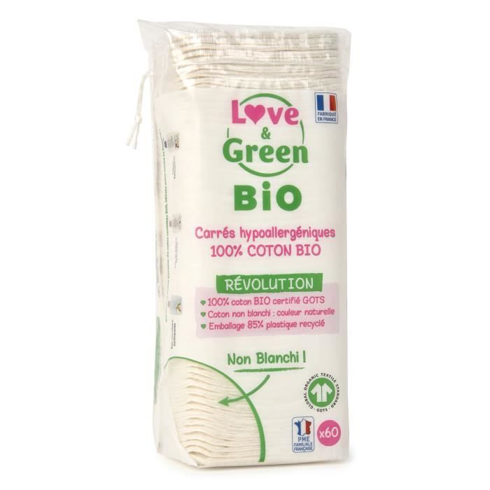 LOVE & GREEN Cotons Maxi Carrés Hypoallergéniques - 100% coton BIO Non Blanchi - 70 cotons
