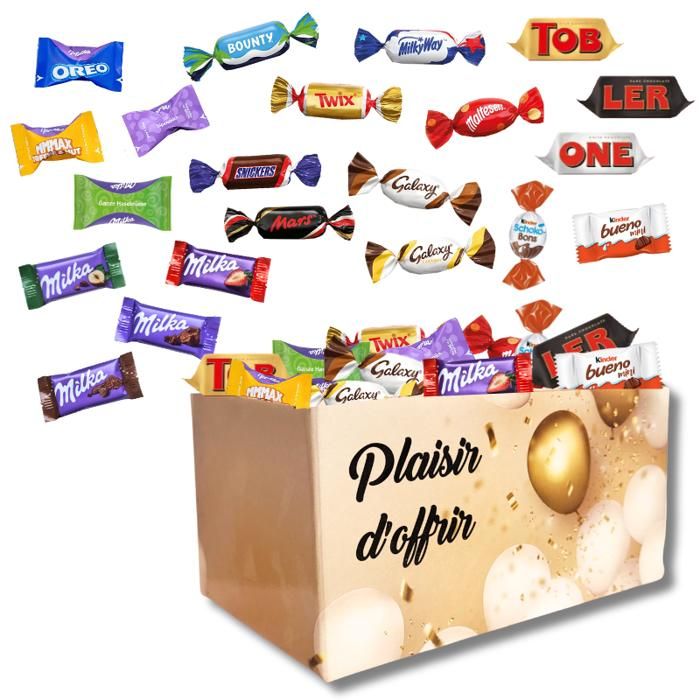 Ballotin Plaisir d'Offrir et son assortiment de 100 chocolats KINDER, CELEBRATIONS, MILKA, CEMOI, DAIM